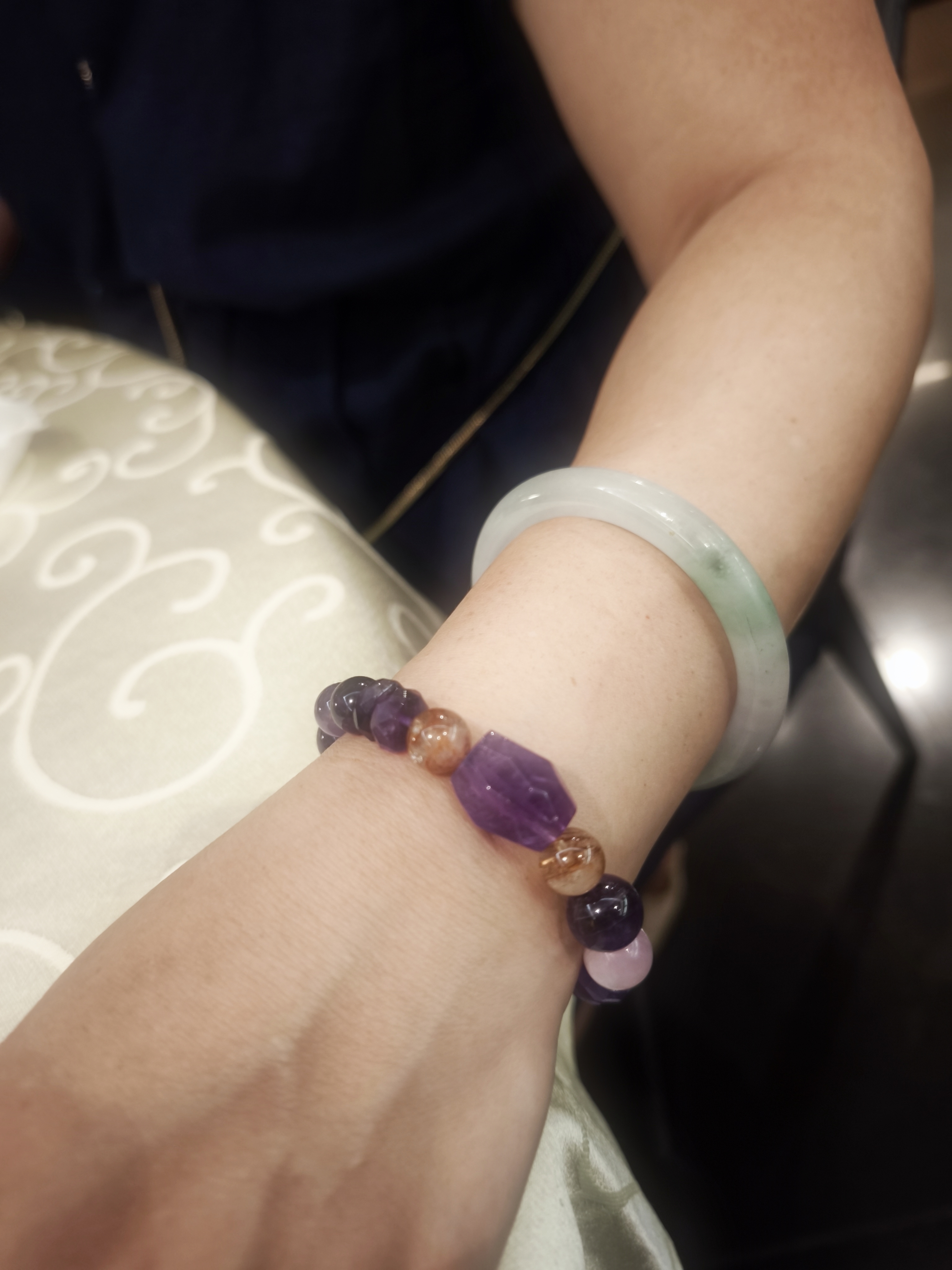 Melissa Lim wearing The Radiance bracelet with a jade bangle